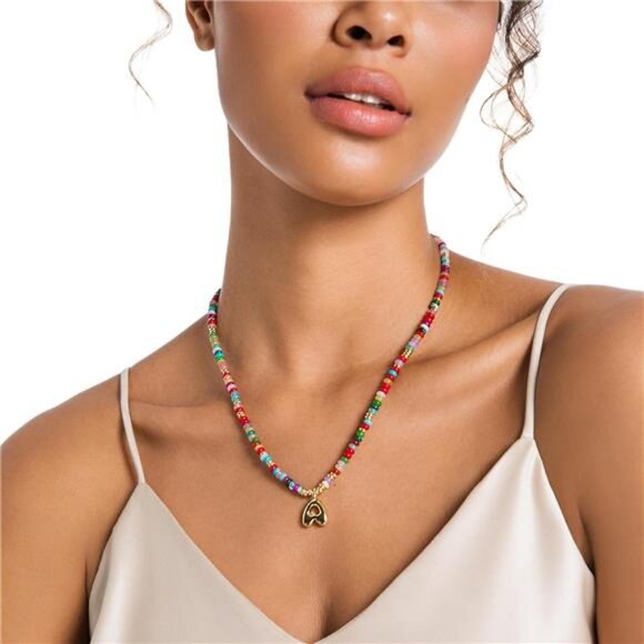 Initial Choker Necklace – 14K Gold Bubble Letter Pendant with Natural Stone - Picture 4 of 6